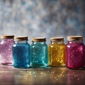 5 glass baby food jars filled with different colours of glitter and liquid.
