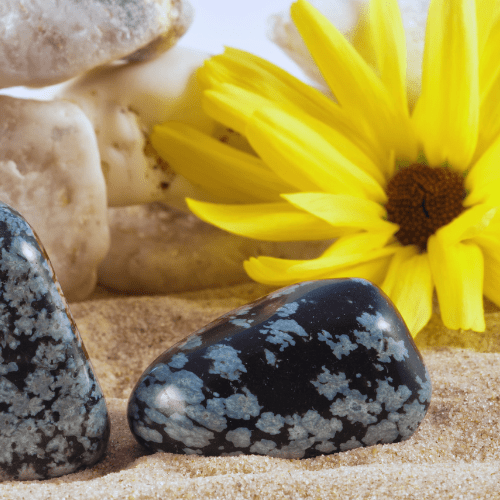 snowflake obsidian sitting on sand with a yellow flower